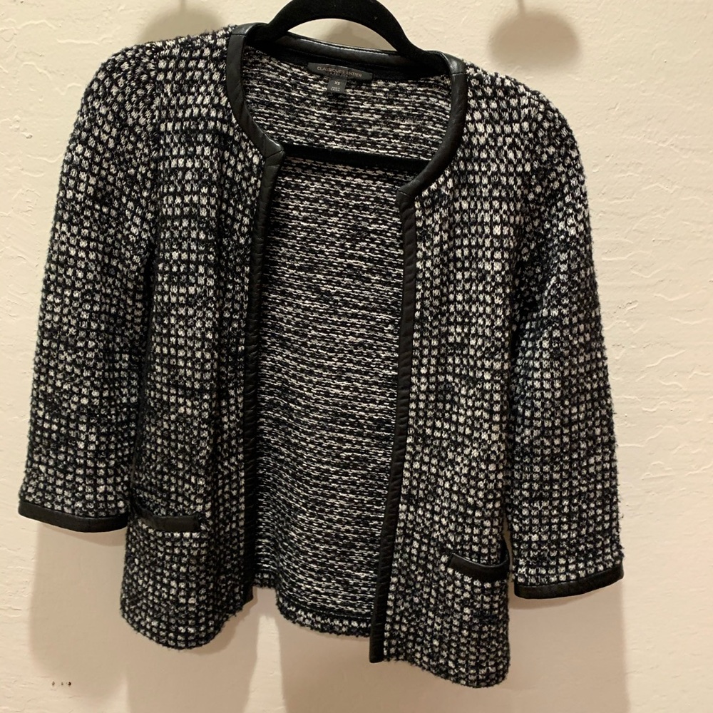 Black/White Tweed Jacket With Faux Leather Trim
